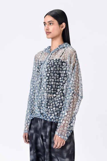 Blue Embroidered Tulle Relaxed Fit Hoodie Jacket