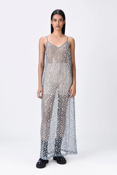 Blue Embroidered Tulle Slip Dress
