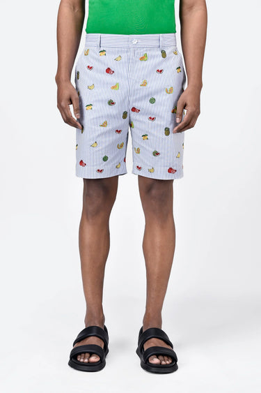 Blue Stripe Cotton Shorts With Fruit Motifs Embroidery - Genes Lecoanet Hemant