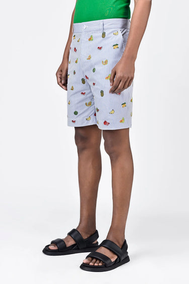 Blue Stripe Cotton Shorts With Fruit Motifs Embroidery - Genes Lecoanet Hemant