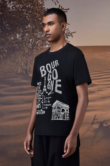 Premium black graphic tee with Bourgogne Paris text print in soft fabric