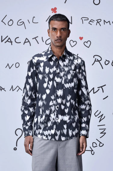 Button Up Heart Regular Fit Shirt- Black - Genes Online Store