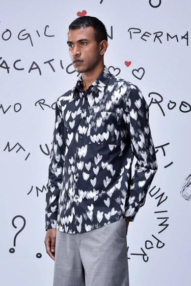 Button Up Heart Regular Fit Shirt- Black - Genes Online Store