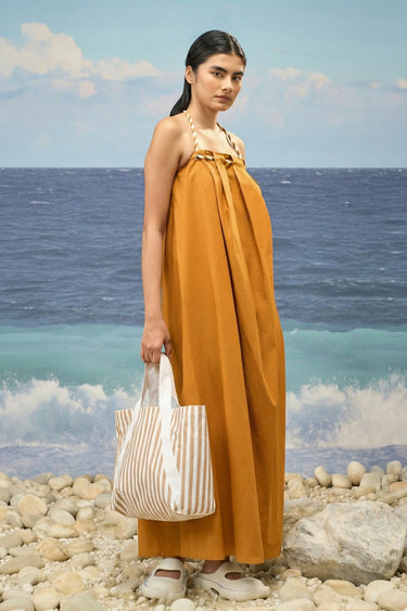 Caramel sleeveless dress for women with relaxed fit and structured silhouette