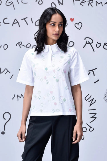 Printed shirt jacket formen with Mad Hatter artwork and modern silhouette
