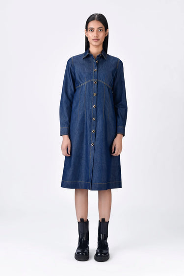 Chambray Shirt Dress with Top Stitch Highlights
