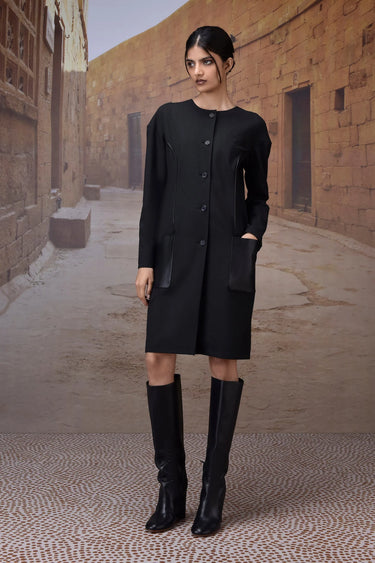 Women charcoal designer dress with leather pocket details modern workwear India