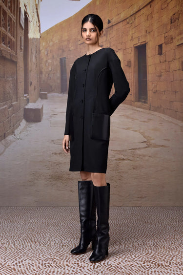 Charcoal check dress women India structured fit with long sleeves and button front