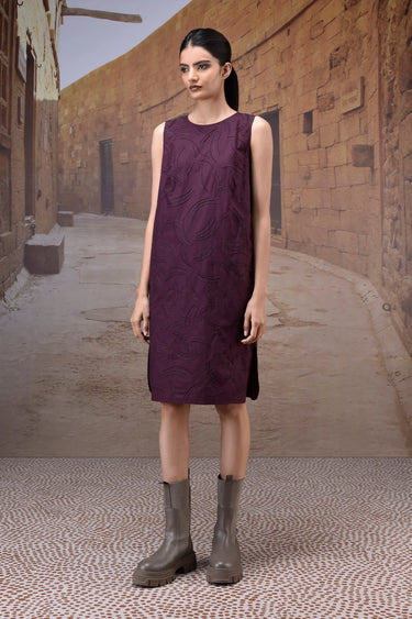 Cherry lacquer embroidered shift dress for women by Genes Lecoanet Hemant India
