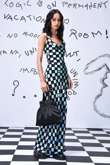 Chess Board Cowl Neck Slim Fit Dress - Genes Online Store