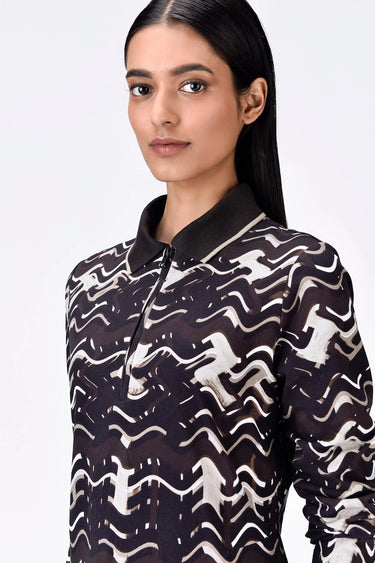 Chocolate Brown Cotton Pique Polo Dress with Front Zipper - Genes Lecoanet Hemant