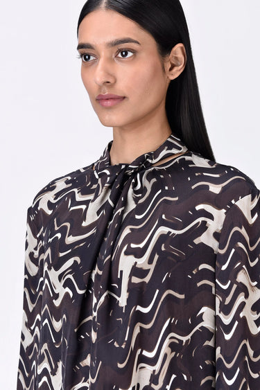 Chocolate Brown Viscose Satin Draped Top with Band Collar - Genes Lecoanet Hemant