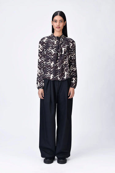 Chocolate Brown Viscose Satin Draped Top with Band Collar - Genes Lecoanet Hemant