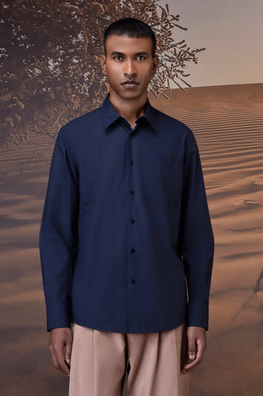 Navy Giza cotton poplin shirt for men with crisp tailored fit and clean design