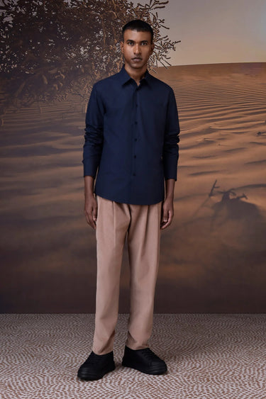 Designer navy poplin shirt with minimal detailing and sharp tailored fit