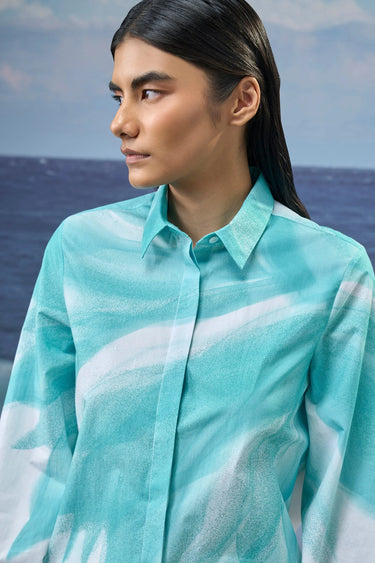 Printed cotton poplin shirt for women showing breathable crisp fabric texture