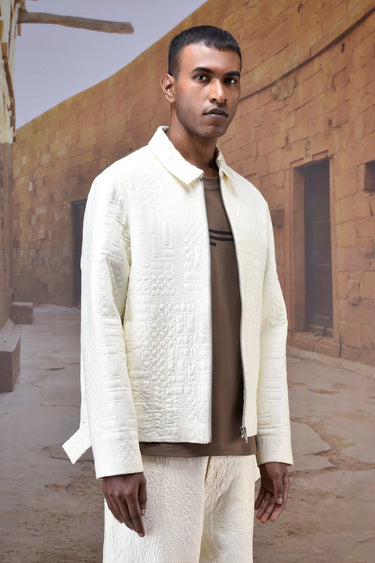 Quilted bomber jacket men India with textured fabric and zip front design