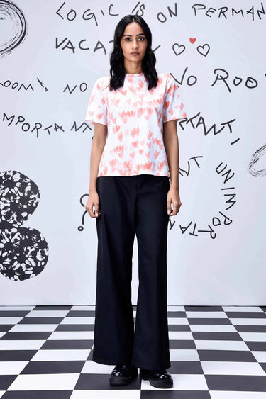 Coral Peach Cotton Single Jersey T-Shirt with Heart Motif Print