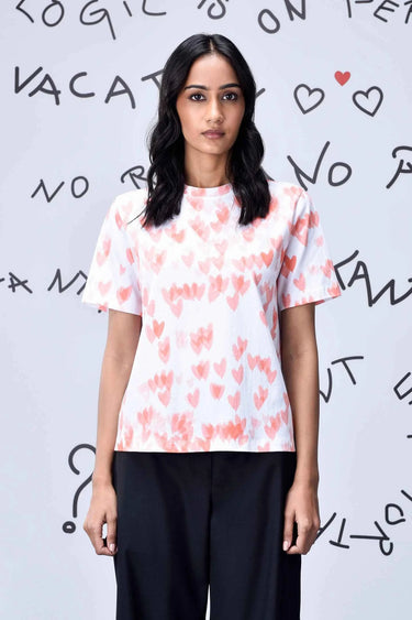 Coral Peach Cotton Single Jersey T-Shirt with Heart Motif Print