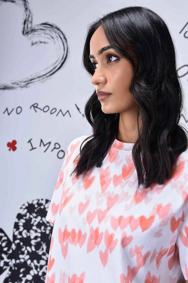 Coral Peach Cotton Single Jersey T-Shirt with Heart Motif Print