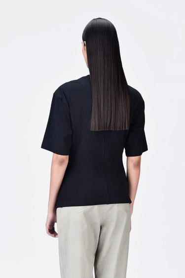 Cotton Jersey Semi-Fitted T-Shirt with Front Knot Detail Black