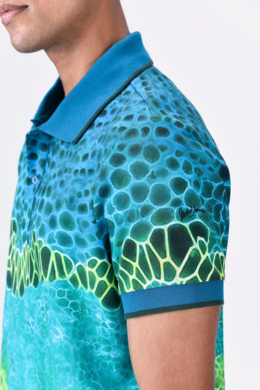 Cotton Pique Polo with Microcell Print & Contrast Collar - Blue Green - Genes Lecoanet Hemant