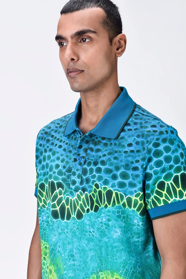 Cotton Pique Polo with Microcell Print & Contrast Collar - Blue Green - Genes Lecoanet Hemant