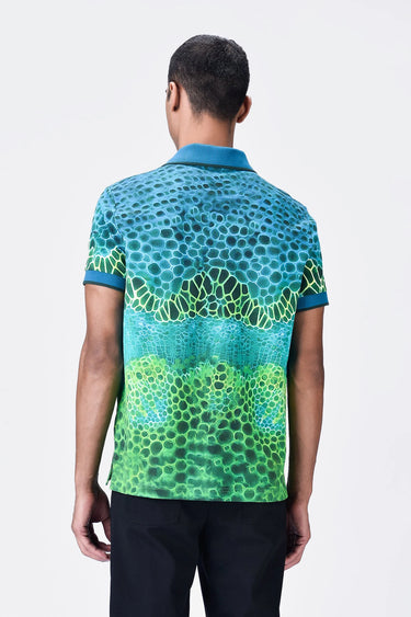 Cotton Pique Polo with Microcell Print & Contrast Collar - Blue Green - Genes Lecoanet Hemant