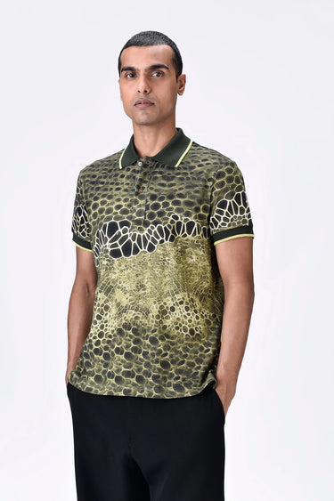 Cotton Pique Polo with Microcell Print & Contrast Collar - Clay Green - Genes Lecoanet Hemant