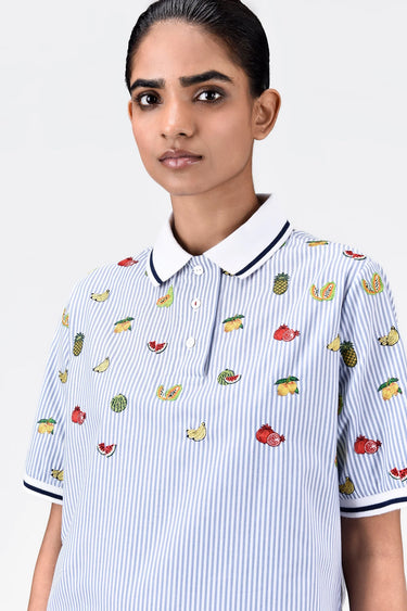 Cotton Polo Dress with Fruit Motif Embroidery - Genes Lecoanet Hemant