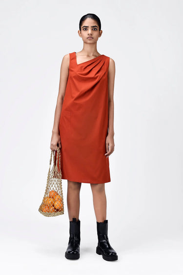Cotton Poplin A-Line Dress with Asymmetric Neck - Genes Lecoanet Hemant