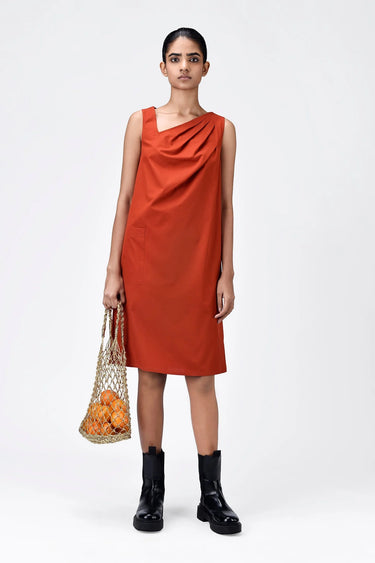 Cotton Poplin A-Line Dress with Asymmetric Neck-Coral Orange - Genes Lecoanet Hemant