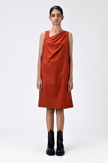 Cotton Poplin A-Line Dress with Asymmetric Neck-Coral Orange - Genes Lecoanet Hemant