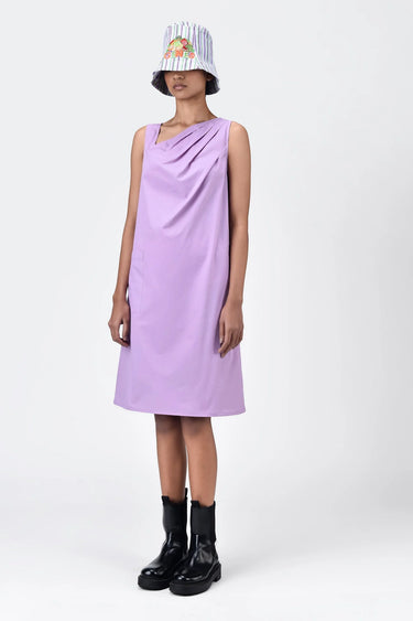 Cotton Poplin A-Line Dress with Asymmetric Neck-Lavender - Genes Lecoanet Hemant