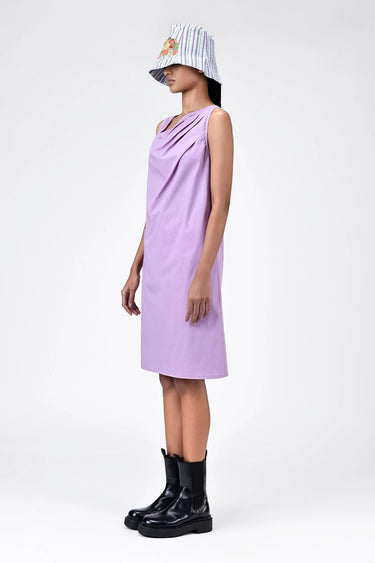 Cotton Poplin A-Line Dress with Asymmetric Neck-Lavender - Genes Lecoanet Hemant