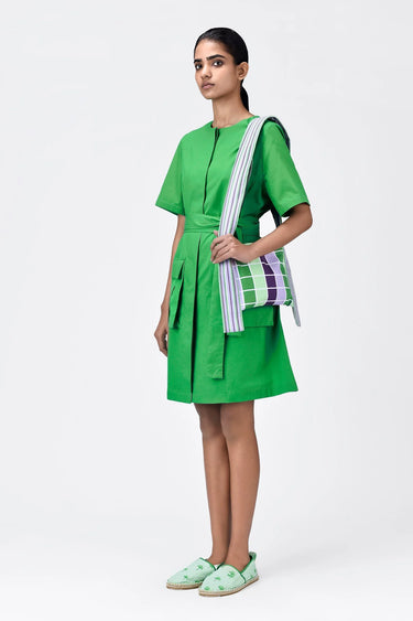 Cotton Poplin Easy Fit Dress With Pleated Flap Pocket-Spring Green - Genes Lecoanet Hemant