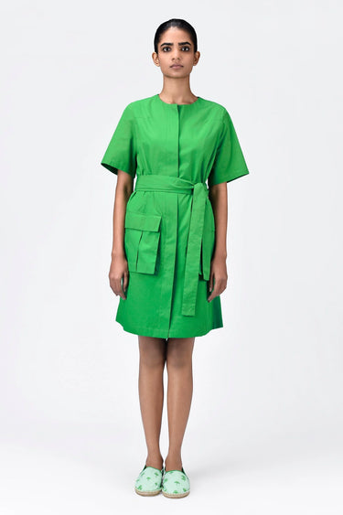 Cotton Poplin Easy Fit Dress With Pleated Flap Pocket-Spring Green - Genes Lecoanet Hemant