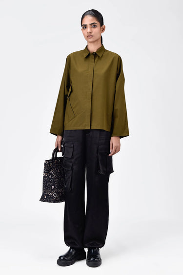 Cotton Poplin Oversized Shirt with Batwing Sleeves Khaki - Genes Lecoanet Hemant