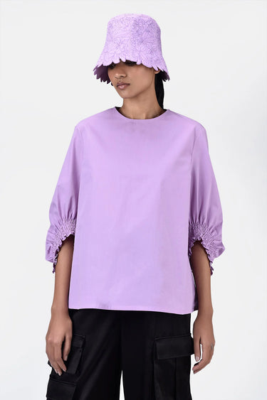 Cotton Poplin Straight Fit Top with Smocked Detail - Genes Lecoanet Hemant