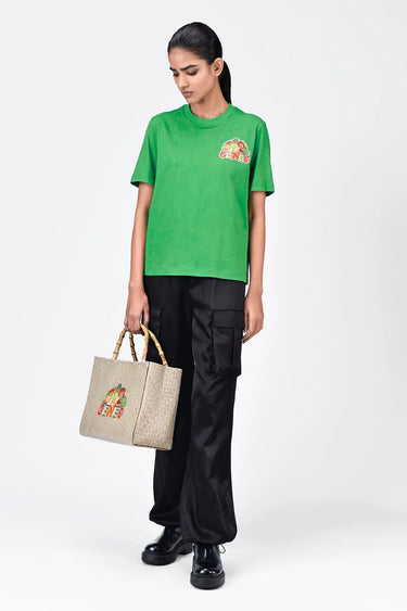 Cotton T-Shirt With Fruit Basket Embroidery-Spring Green - Genes Lecoanet Hemant