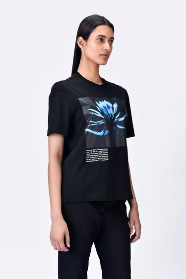 Cotton T-Shirt with UV Flower Sticker -Black - Genes Lecoanet Hemant