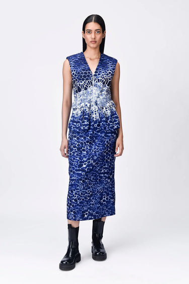 Crepe Microcell Print Dress - Navy Blue - Genes Lecoanet Hemant