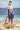 Navy cotton poplin shift dress for women with abstract graphic print
