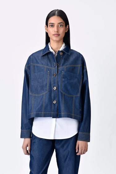 Cropped Chambray Jacket with Dart Details