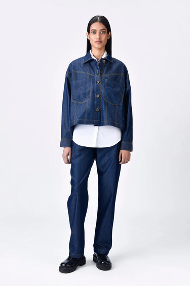 Cropped Chambray Jacket with Dart Details