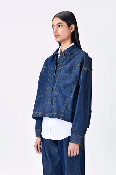 Cropped Chambray Jacket with Dart Details