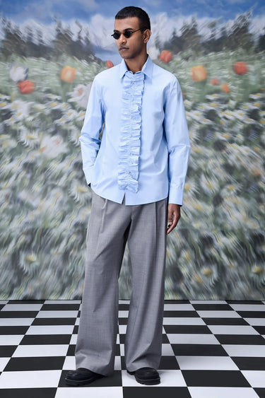 Detachable Ruffle Placket Regular Fit Shirt -Light Blue - Genes Online Store