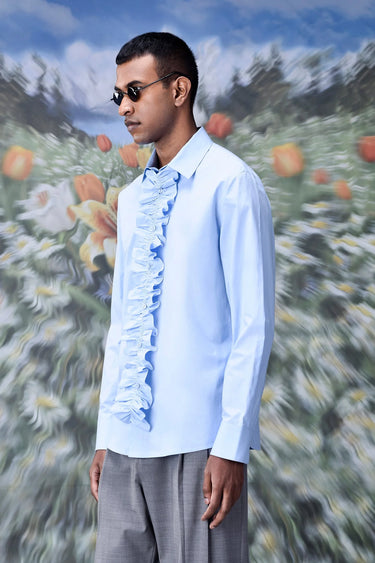 Detachable Ruffle Placket Regular Fit Shirt -Light Blue - Genes Online Store