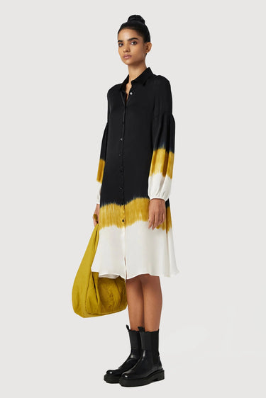 Easy Fit Band Collar Shirt-Dress with Pleated Sleeves - Genes Lecoanet Hemant