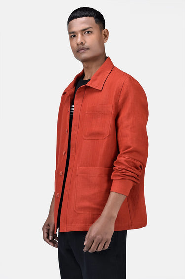 Easy Fit Button-Down Linen Herringbone Jacket with Patch Pockets - Coral Orange